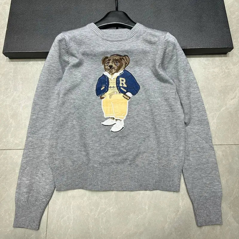 European Style Luxury Brand Loose O-Neck Bear Pullover Tops Knitwear Woman Short Sleeve T-shirt Ladies Wool Knitted Sweater