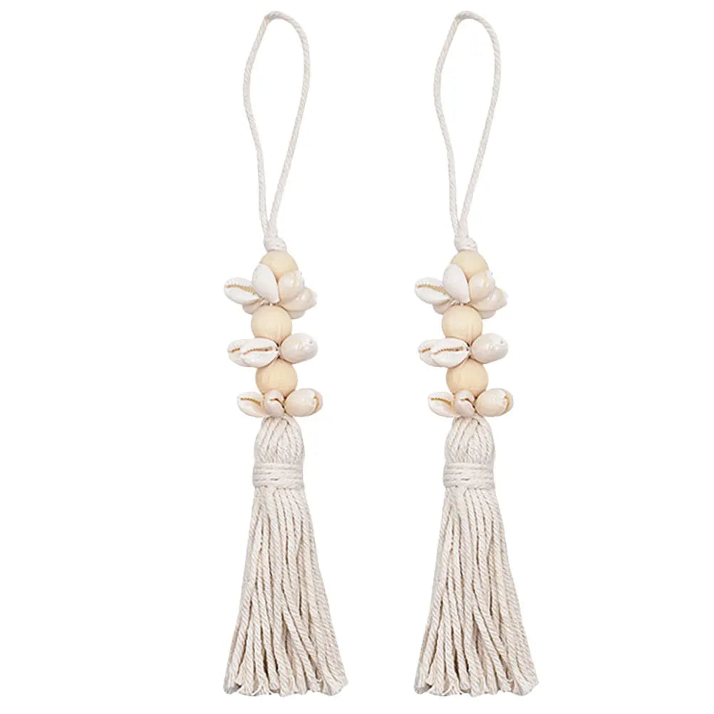 2Pcs Exquisite Boho Seashell Wood Bead String Pendant with Seashells Cotton Tassels Farmhouse Wall Hanging Decor Gifts