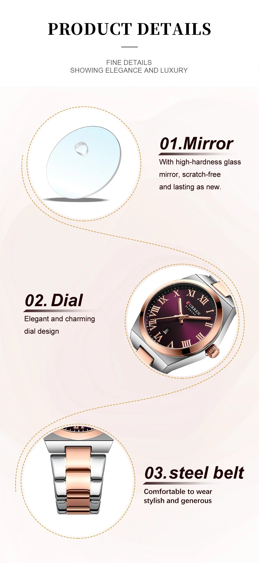 CURREN Fashionable Quartz Watches for Women Roman Numerals Simple Elegant Stainless Steel Braclete Ladies Wristwatch