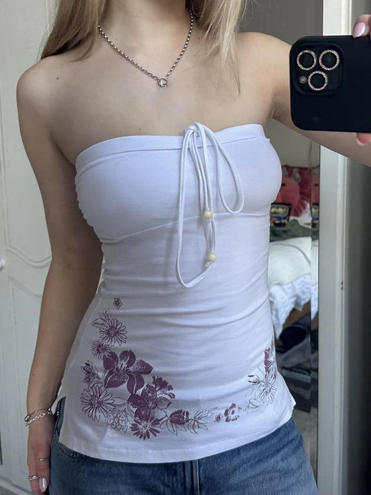Summer vacation style women's strapless camisole top with bow tie and lace up print, fashionable strapless vest