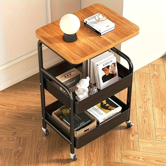 3-Tier Rolling Cart with Tabletop, Metal Tool and Snack Rack with Storage, Durable Carbon Steel Frame, Wheels for Easy Mobility