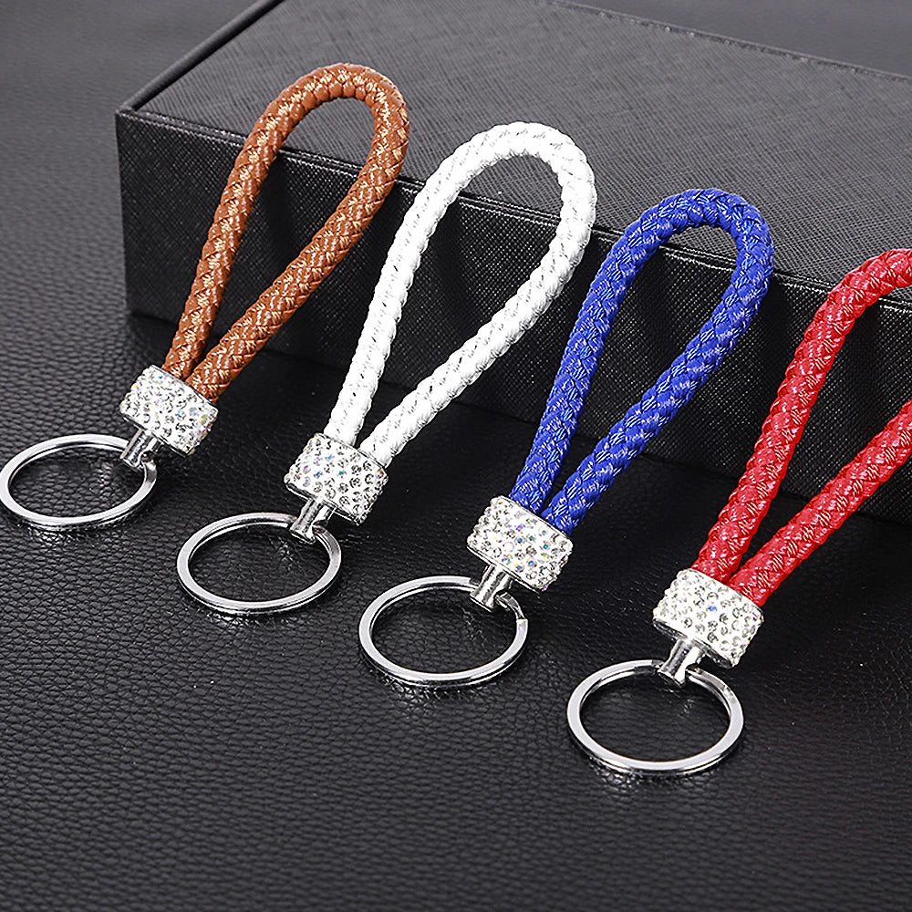 Creative Hand Woven Leather Car Keychain With Diamond Women Men Wallet Backpack Charm Bling Crystal Rope Keyring For Couple Gift