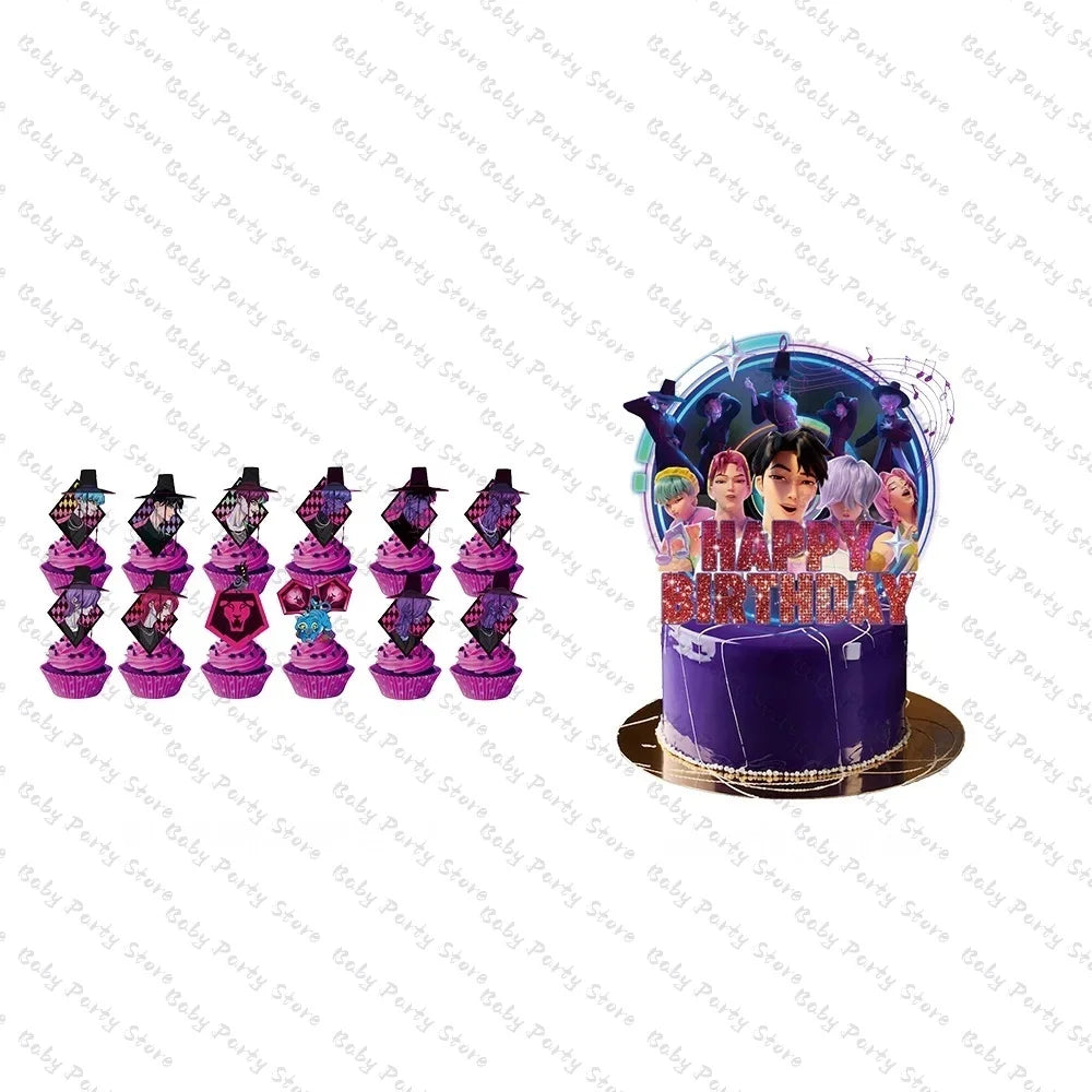Demon Hunters Paper Cupcakes Topper Decor Birthday Cake Topper Set K-pop Anime Movie Demon Hunters Girls Party Cake Decora
