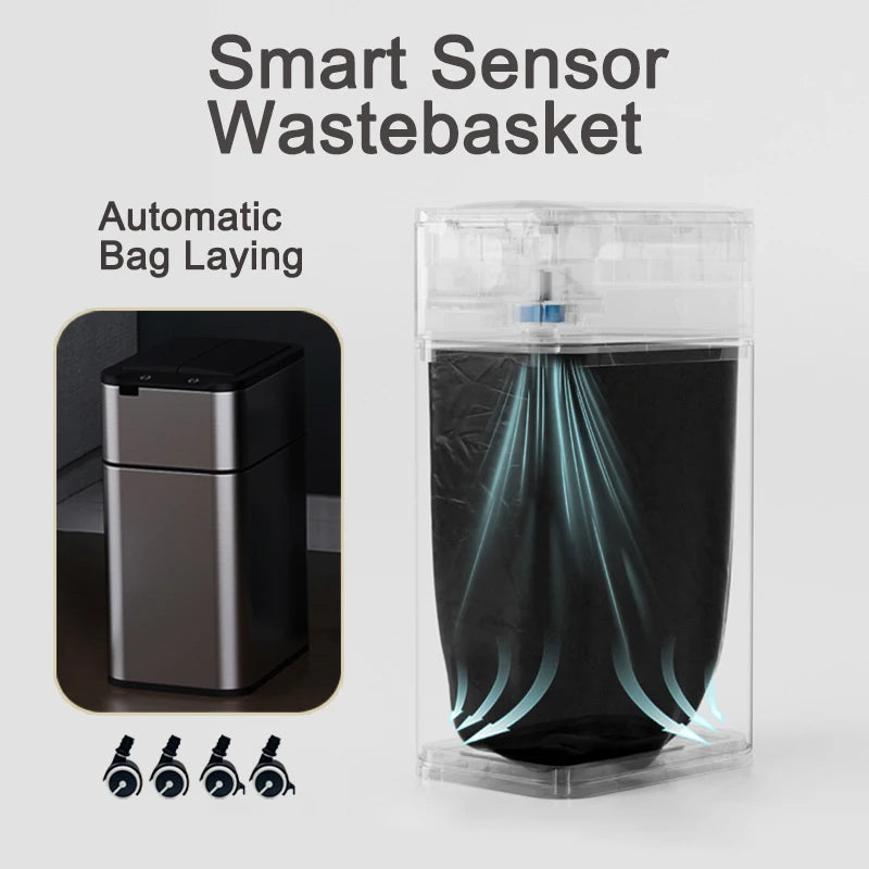 15/20L Smart Trash Can Waterproof Large Kitchen Wastebasket Sensor Automatic Bagging Trash Bin Household Rectangular Garbage Can
