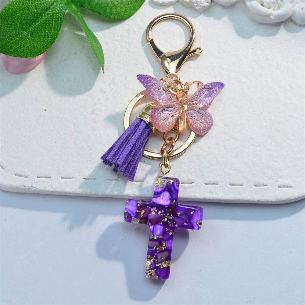 Exquisite Cross Butterfly Keychain Cute Resin Christian Cross Key Ring Purse Bag Pendant Car Key Accessories Women Party Gift