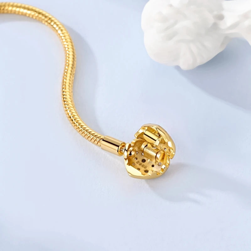 925 Sterling Silver Bracelets 17-20CM Original Golden Sparkling Heart Shaped Bracelet Fit DIY Charms Beads Fashion Women Jewelry