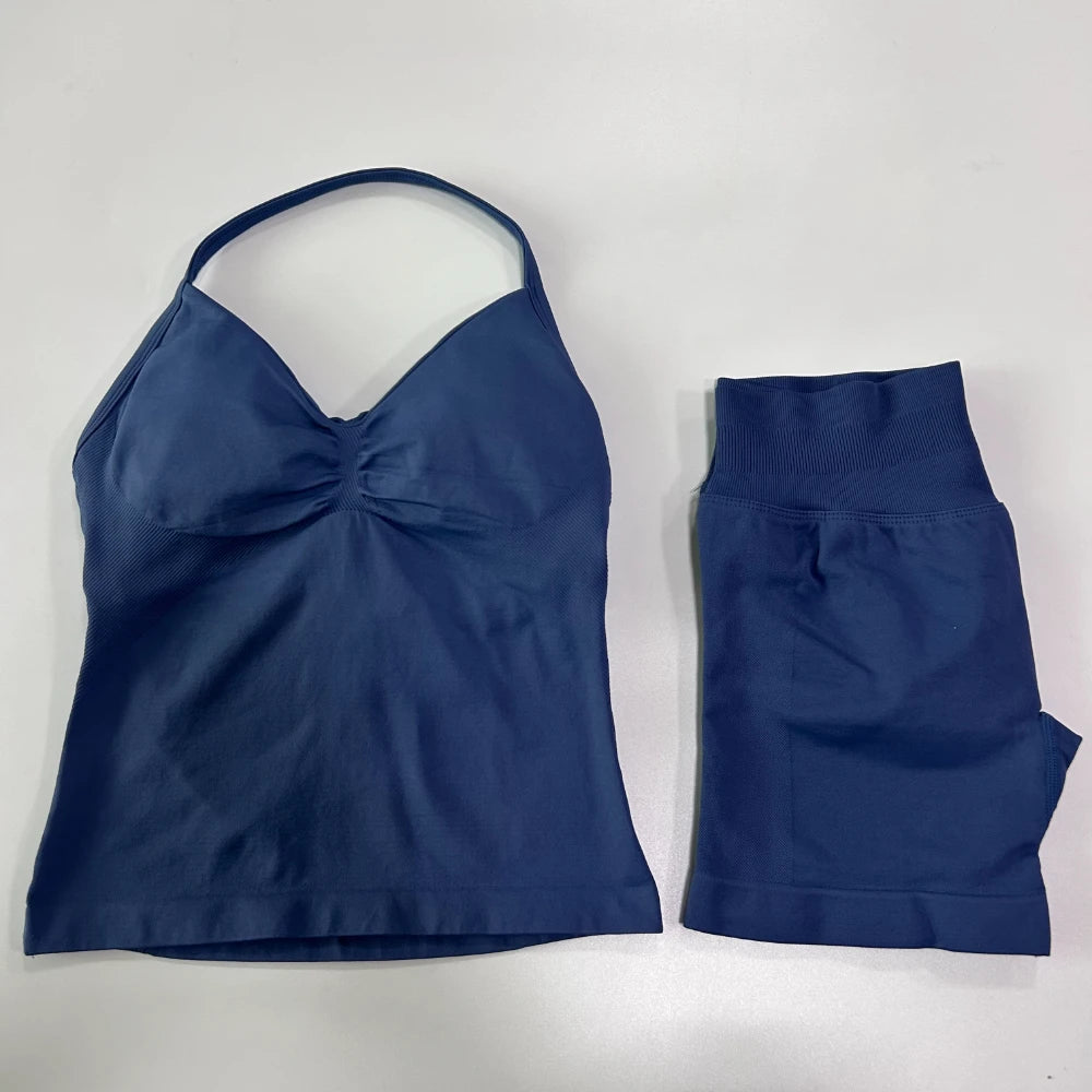 2Pcs Gym Set Women Backless Tank Tops High Waist Scrunch Seamless Shorts