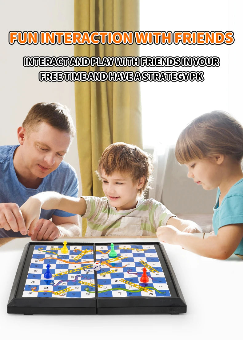 International Snakes and Ladders Parent-Child Board Game Toy - Magnetic-Free Foldable Board with Storage for Game Pieces
