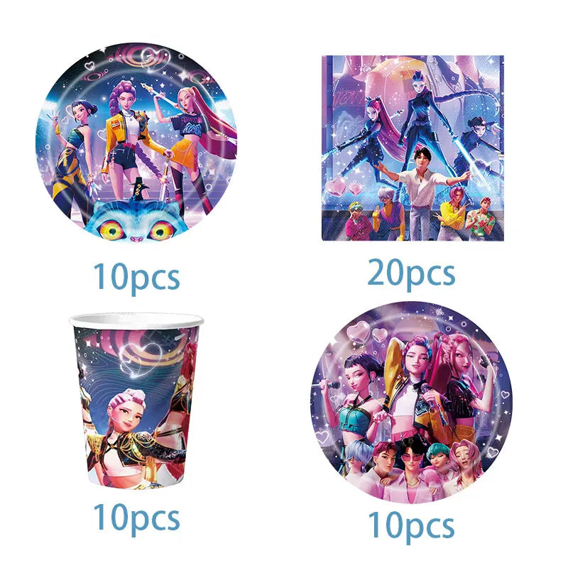 New Anime Kpop Demon Hunters Birthday Party Decorations Set Kpop Theme Cup Plate Gift Bags Balloons Banner Supplies Girls Favors