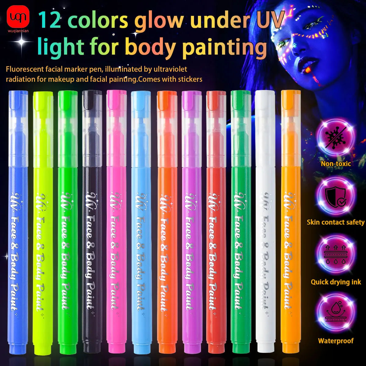 WQN 12pcs Multicolor Fluorescent Body Painting Pens, Lightweight and Portable, for Music Festival Painting and Graffiti Supplies