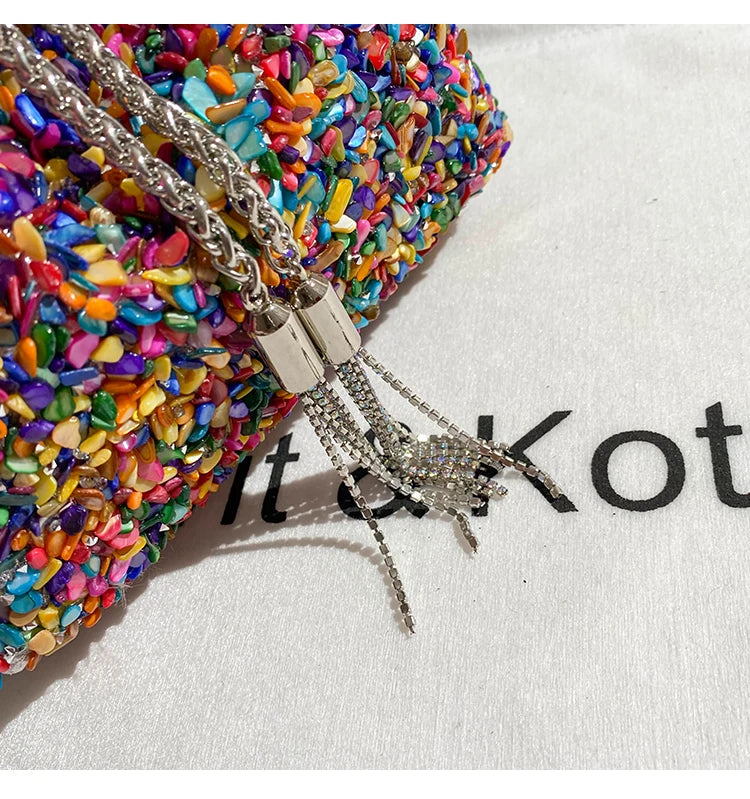 Luxury Designer Colorful Stones Evening Clutch Bag Wedding Party Bucket Purse Metal Handle Women Handbag Shoulder Messenger Bag