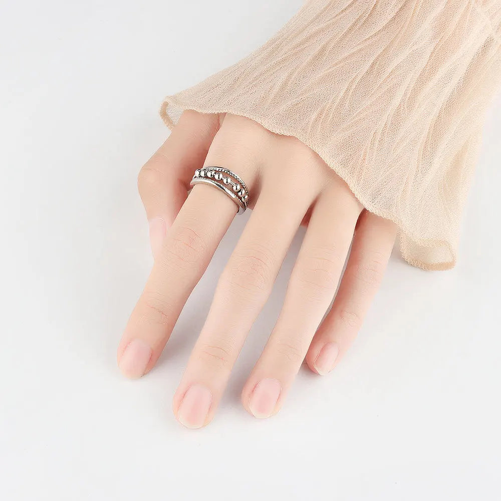 Vintage Round Beads Rotating Anti Stress Ring For Women Twisted Fidget Metal Spinner Anxiety Relief Spinning Ring Bague Femme