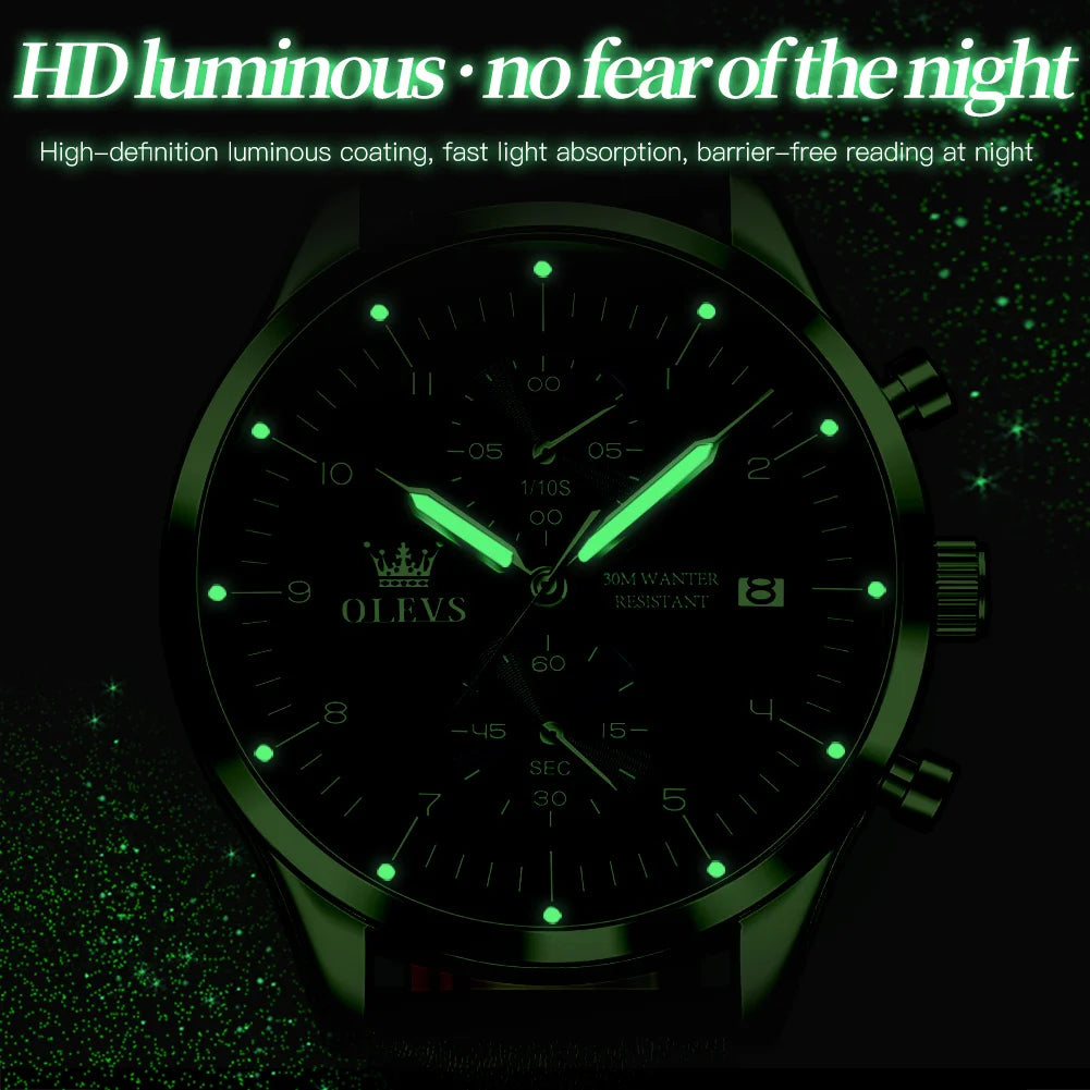OLEVS 2880 Men Quartz Watch Business Dress Wristwatch Leather Luminous Date 30M Water Resistant Chronograph Style Dial