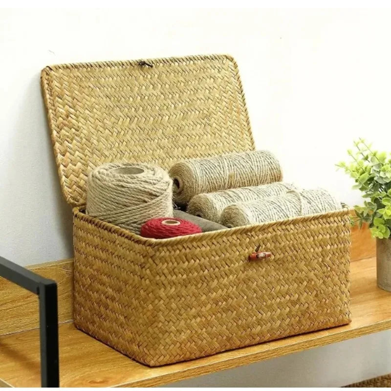 +Handwoven Seagrass Shelf Basket with Lid, Rectangular Desktop Organizer for Makeup & Sundries
