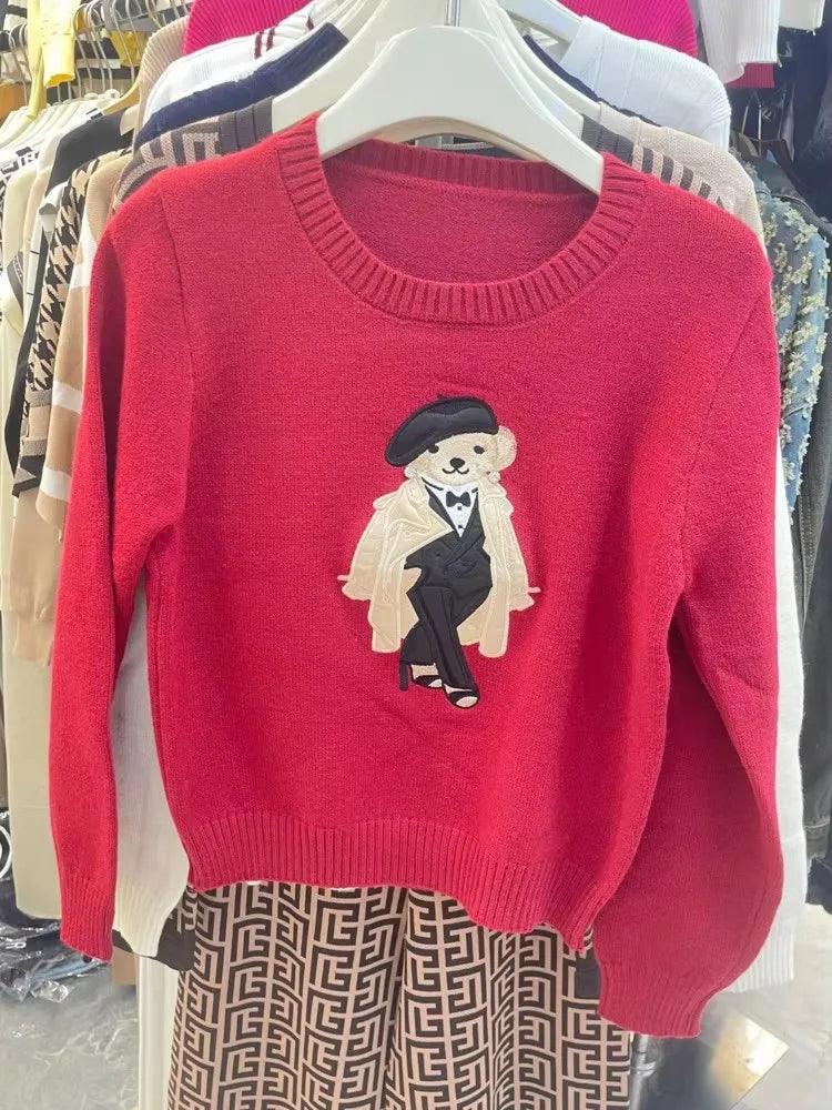 High Street Luxury French Ladies Embroidery Bear Knitted Pullover Sweater For Women Fashion Casual Knitwear Tops Pull Femme