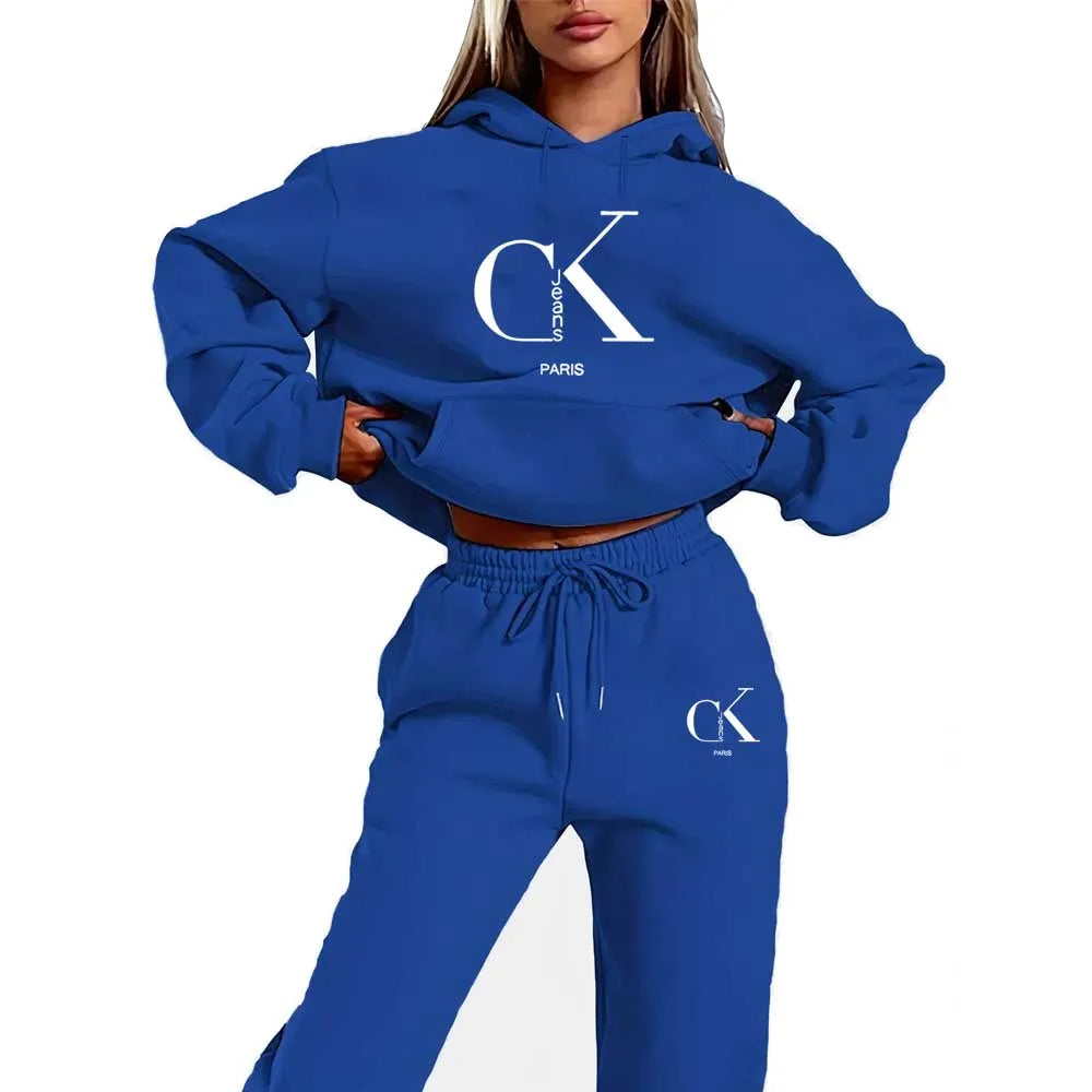 2026 Spring/Summer New Collection Hooded Sweatshirt and Pants Set - Black with White Logo Drawstring Hoodie and Athletic Pants