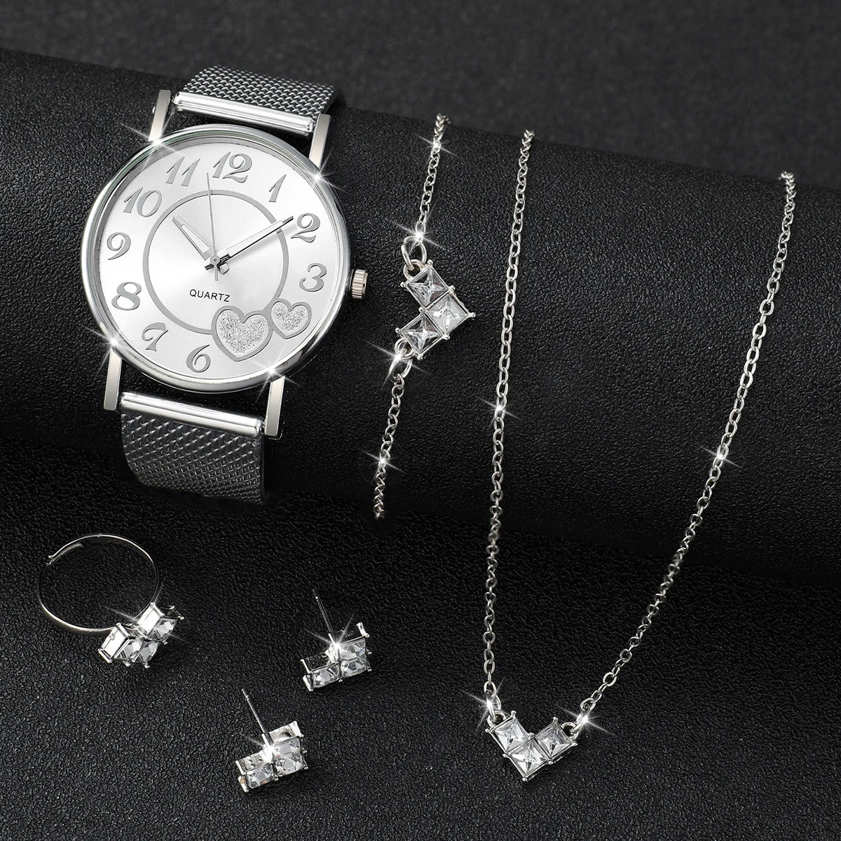 6PCS/Set Fashion Heart Dial Women's Quartz Watch Casual Plastic Band Watches Rhinestone Jewelry Set（Without Box）