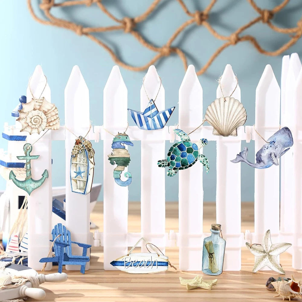 12Pcs Wooden Ocean Themed Decorations Sea Animals Sand Beach Hanging Pendant with Rope for Holiday Party DIY Decor Supplies