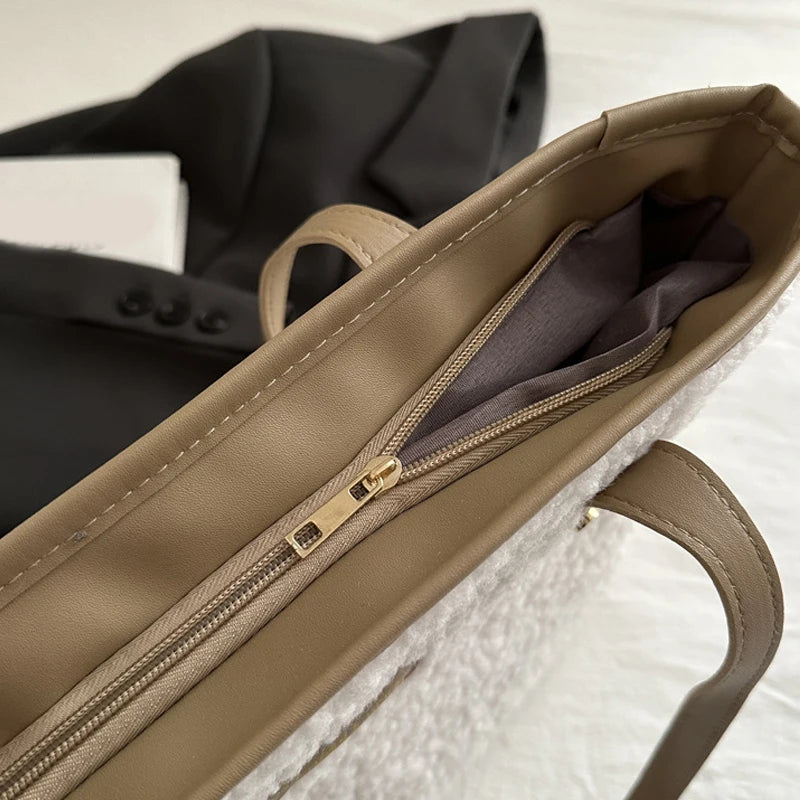 Soft Handbag Large Capacity Fall Winter Shoulder Bag Women Lamb Wool Tote Bag Zipper Closure Casual Shopping Traveling Tote