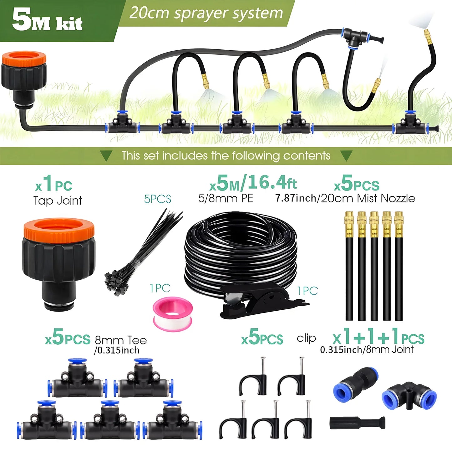 30M-5M DIY Free Bending Universal Sprayer Kit 8mm Hose Patio Misting Cooling System for Garden Plant Fogging Watering Irrigation