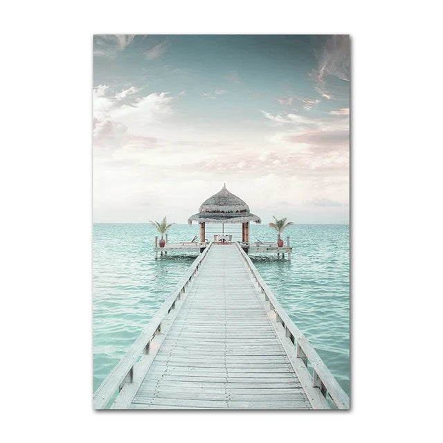 Beach Sea Ocean Canvas Wall Art Poster Bridge Leaves Turtle Seagull Print Painting Vibrant Summer Picture Nordic Home Decoration