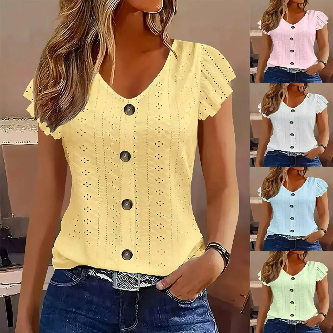 2025 Spring/Summer new women's fashion stylish commute casual solid color multi-color ruffle sleeve V-neck T-shirt