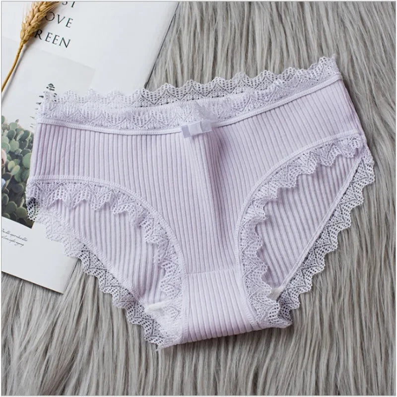Cotton Sexy Lace Mid Waist Underwear Threaded Brief Solid Color Skin Friendly Ladies Underpant Breathable Fashion Casual Panties