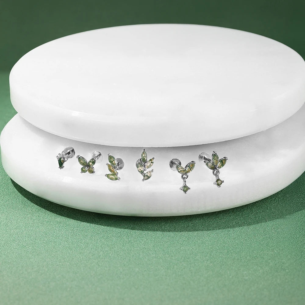 AIDE Water Grass Agate 925 Sterling Silver Flat Head Thread Piercing Earring Green Moss Piercing Ear Bone Earring Jewelry 1pc