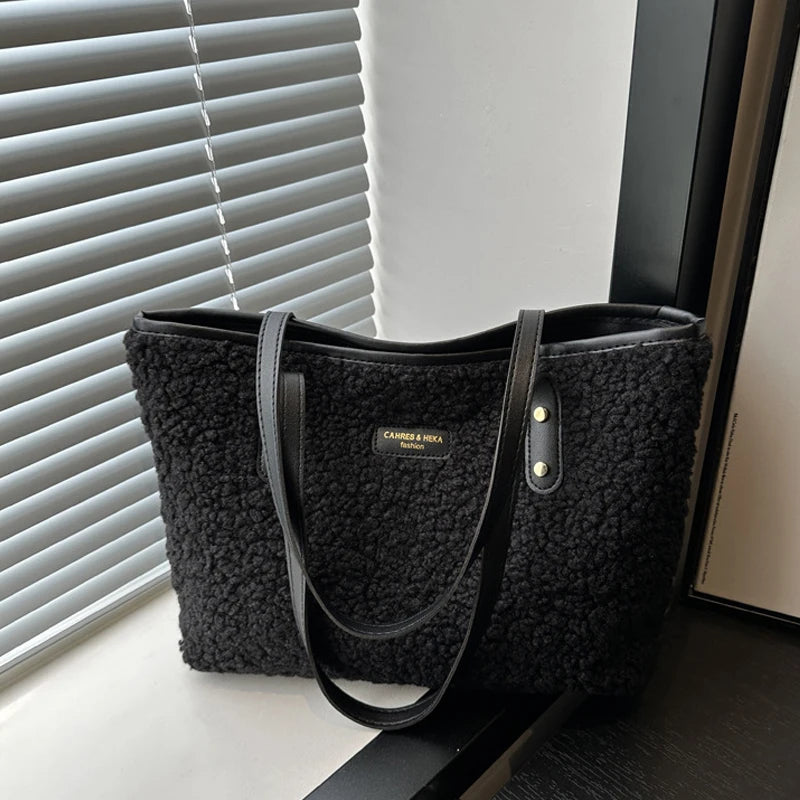 Soft Handbag Large Capacity Fall Winter Shoulder Bag Women Lamb Wool Tote Bag Zipper Closure Casual Shopping Traveling Tote