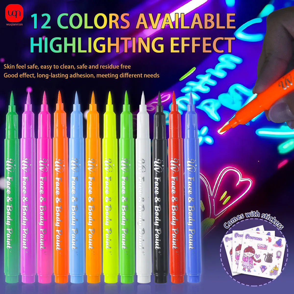 WQN 12pcs Multicolor Fluorescent Body Painting Pens, Lightweight and Portable, for Music Festival Painting and Graffiti Supplies
