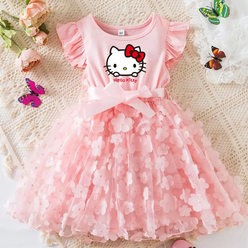 Hello Kitty Girls Summer Dress Cartoon Bow Tutu Dress 3D Butterfly Cute Cotton Party Casual Dress for Baby 2-6 Years