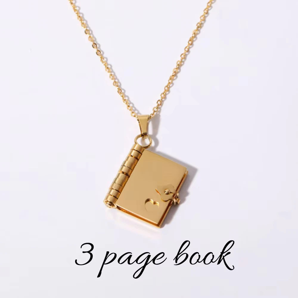 Akizoom Personalized Engrave Name Couple Book Necklace Stainless Steel Custom Book Locket Pendant for Women Family Jewelry Gift