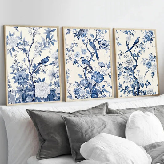 Antique Vintage Blue Chinoiserie Bird on Branch Poster Canvas Printing Botanical Flowers Wall Art Picture for Room Home Decor