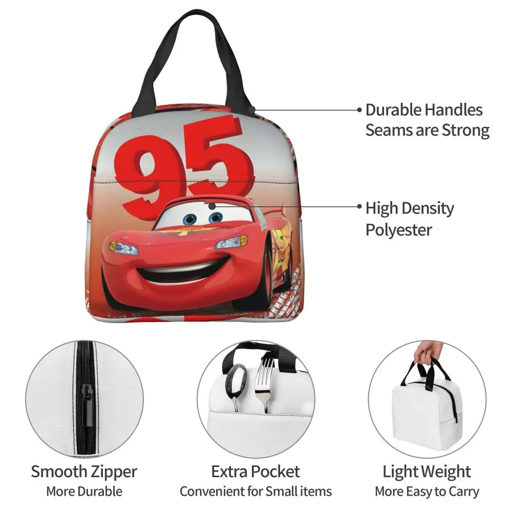 Custom Car 95 Lightning Mcqueen Insulated Lunch Bag for Women Resuable Racing Car Thermal Cooler Bento Box Office Picnic Travel