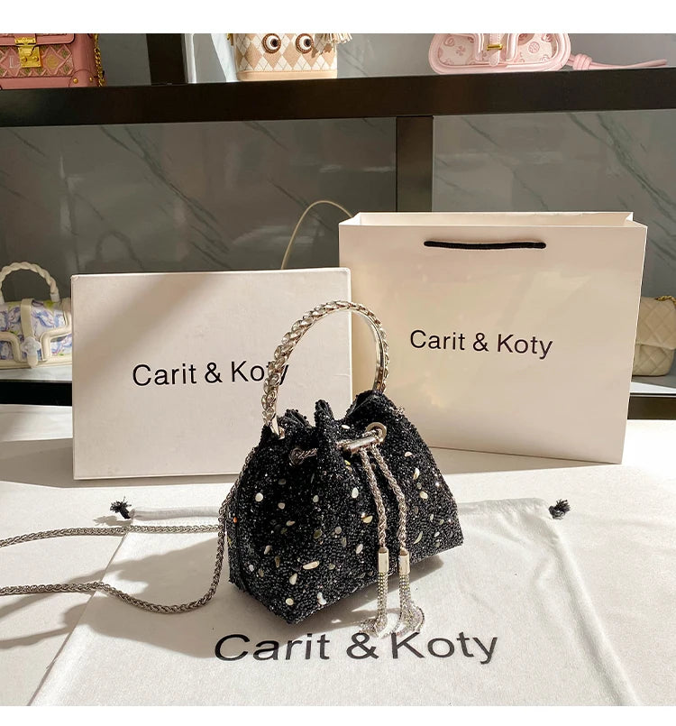 Luxury Designer Colorful Stones Evening Clutch Bag Wedding Party Bucket Purse Metal Handle Women Handbag Shoulder Messenger Bag