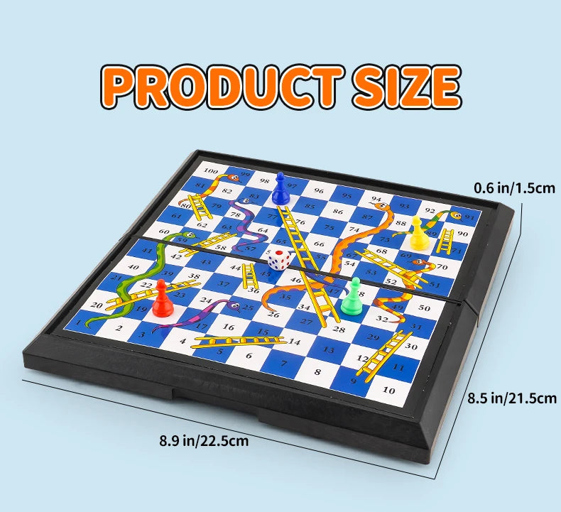 International Snakes and Ladders Parent-Child Board Game Toy - Magnetic-Free Foldable Board with Storage for Game Pieces
