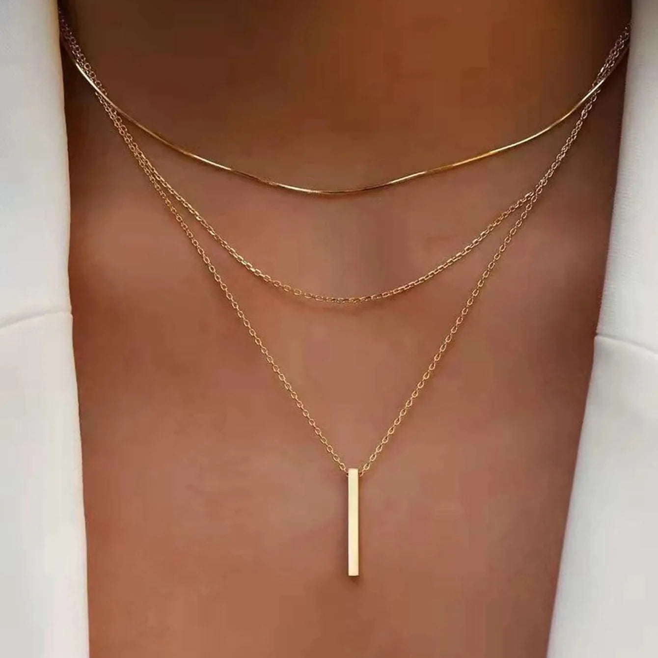 925 Sterling Silver Three-Layer Stacking Necklace Women Simple Strip Pendant Waterproof Hypoallergenic Collarbone Chain Jewelry