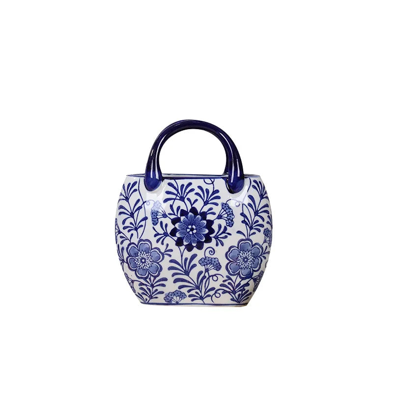 Blue and White Porcelain Desktop Handbag Vase, Ceramic Vase, Aesthetic Decoration, Flowerpot, Room Decoration Accessories.