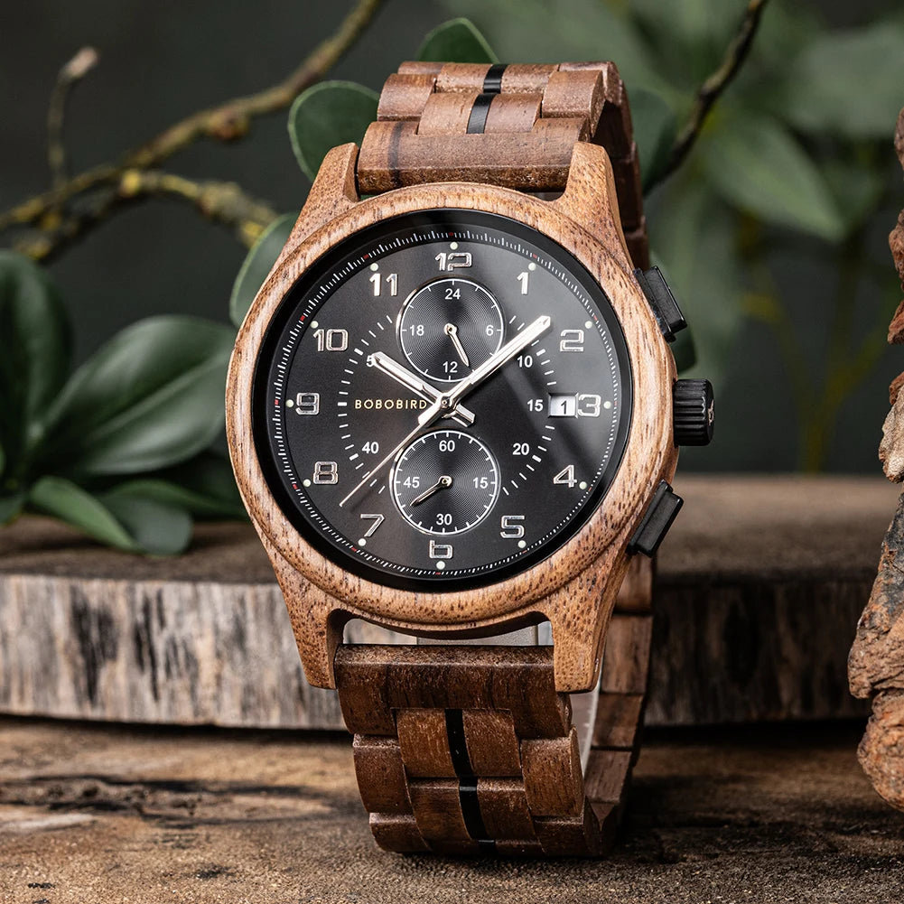 Wooden Watch for Men BOBO BIRD Chronograph Wristwatch with Luminous Hands Wood Watches Anniversary Gift for Him