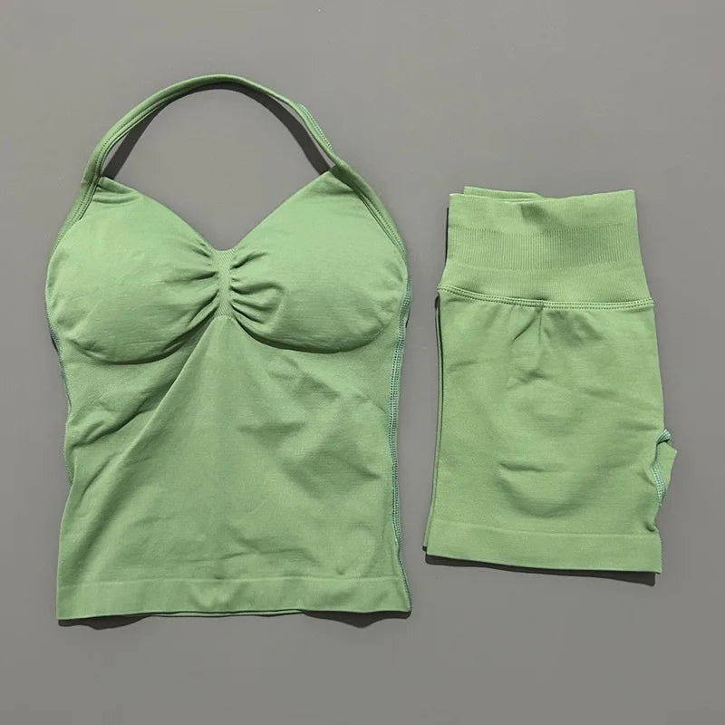 2 Pieces Sports Set Women Backless Tank Yoga Tops High Waist