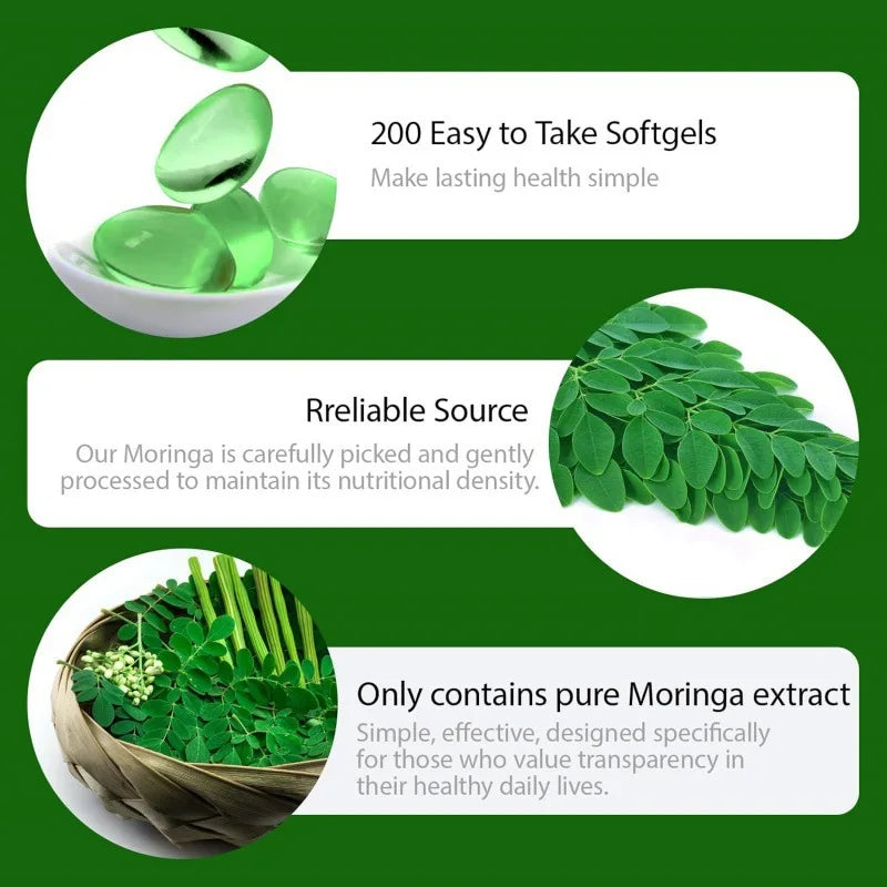 200 Capsules Pure Moringa Oleifera Leaf Powder Supplement Energy, Metabolism, & Immune Support and Skin Beauty