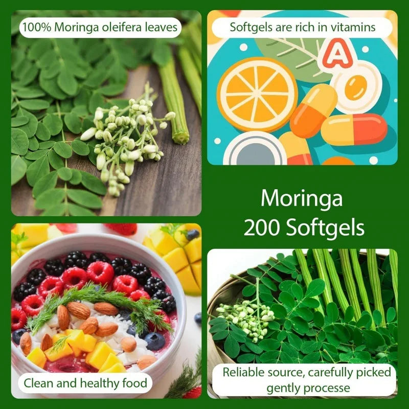 200 Capsules Pure Moringa Oleifera Leaf Powder Supplement Energy, Metabolism, & Immune Support and Skin Beauty
