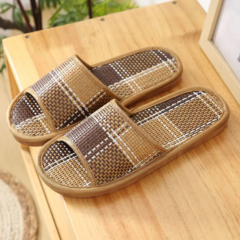 Bamboo & Rattan Summer Slippers for Women/Men - Breathable Couple Sandals, Soft Sole Anti-Slip Indoor Slides for Home/Beach