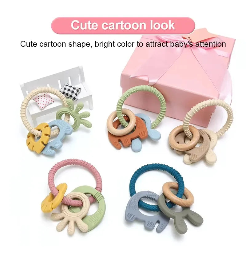 Baby Teething Toys Silicone Wooden Ring Teether BPA Free Cute Elephant Babies Chew Toy for Boys and Girls Newborn Gifts