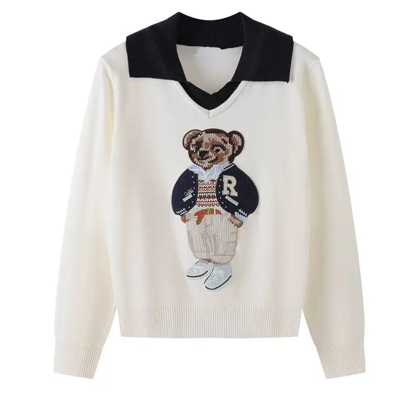 High Street Luxury French Ladies Embroidery Bear Knitted Pullover Sweater For Women Fashion Casual Knitwear Tops Pull Femme
