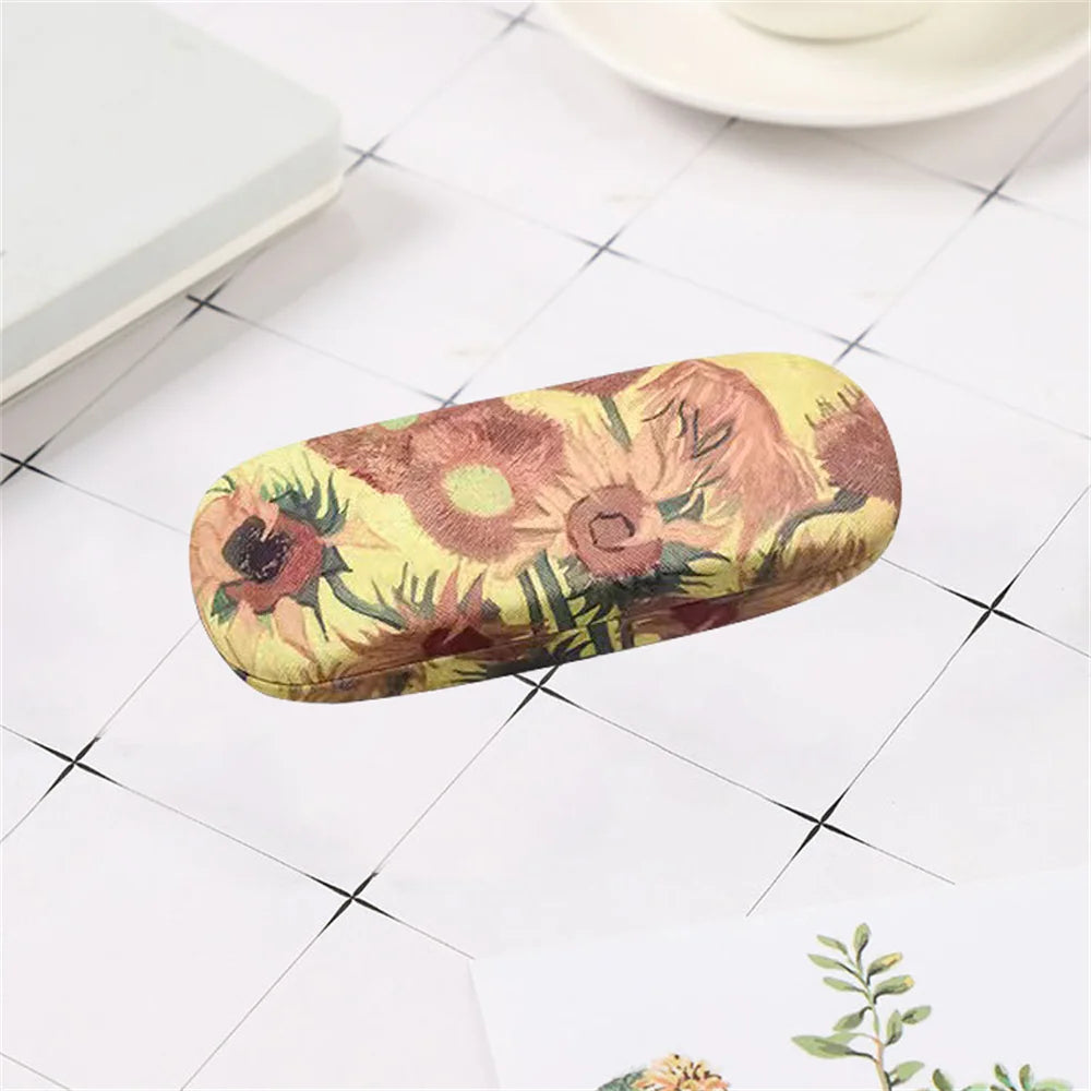 Fashion Oil Painting Glasses Case Box Hard Leather Reading Glasses Box Van Gogh Art Retro Floral Print Eyewear Protector Holder