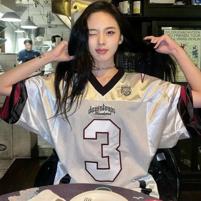 Silver 2024 New Summer Retro Number 3 Jersey for Women Street Contrasting Patchwork Mesh V-neck Oversize Short Sleeved T-shirt