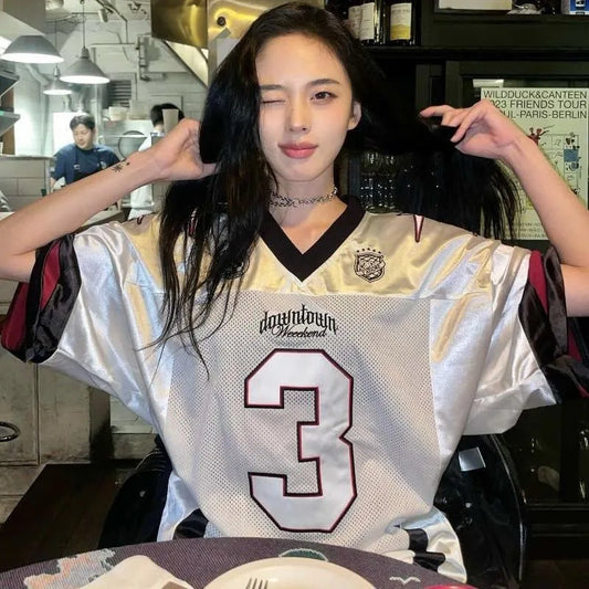 Silver 2024 New Summer Retro Number 3 Jersey for Women Street Contrasting Patchwork Mesh V-neck Oversize Short Sleeved T-shirt