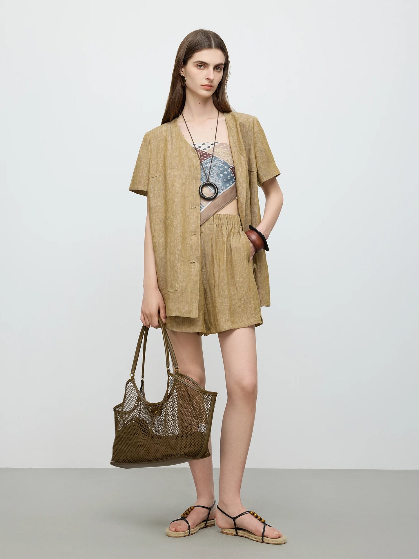 FSLE【Premium Series】V-neck Casual Short-sleeved Shirt Set 2025 Summer 100% Linen Short-sleeved Top Shorts 25FE12092+25FE12093