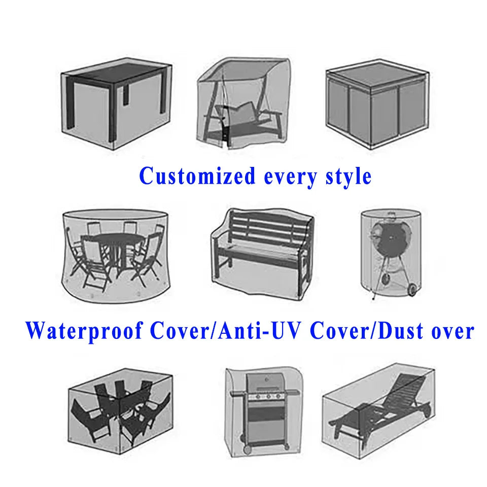 Customized Size Rectangular and Round Shape Outdoor Waterproof Dust Cover Patio Furniture Cover Anti-UV Chair Table Sofa Cover